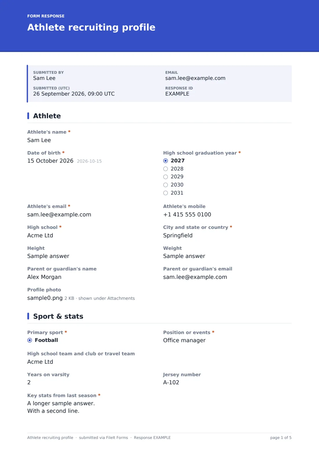 Athlete recruiting profile — example response PDF, page 1 of 5