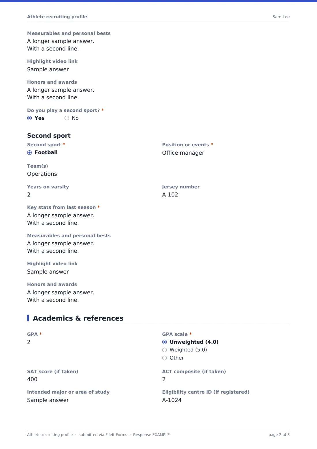 Athlete recruiting profile — example response PDF, page 2 of 5