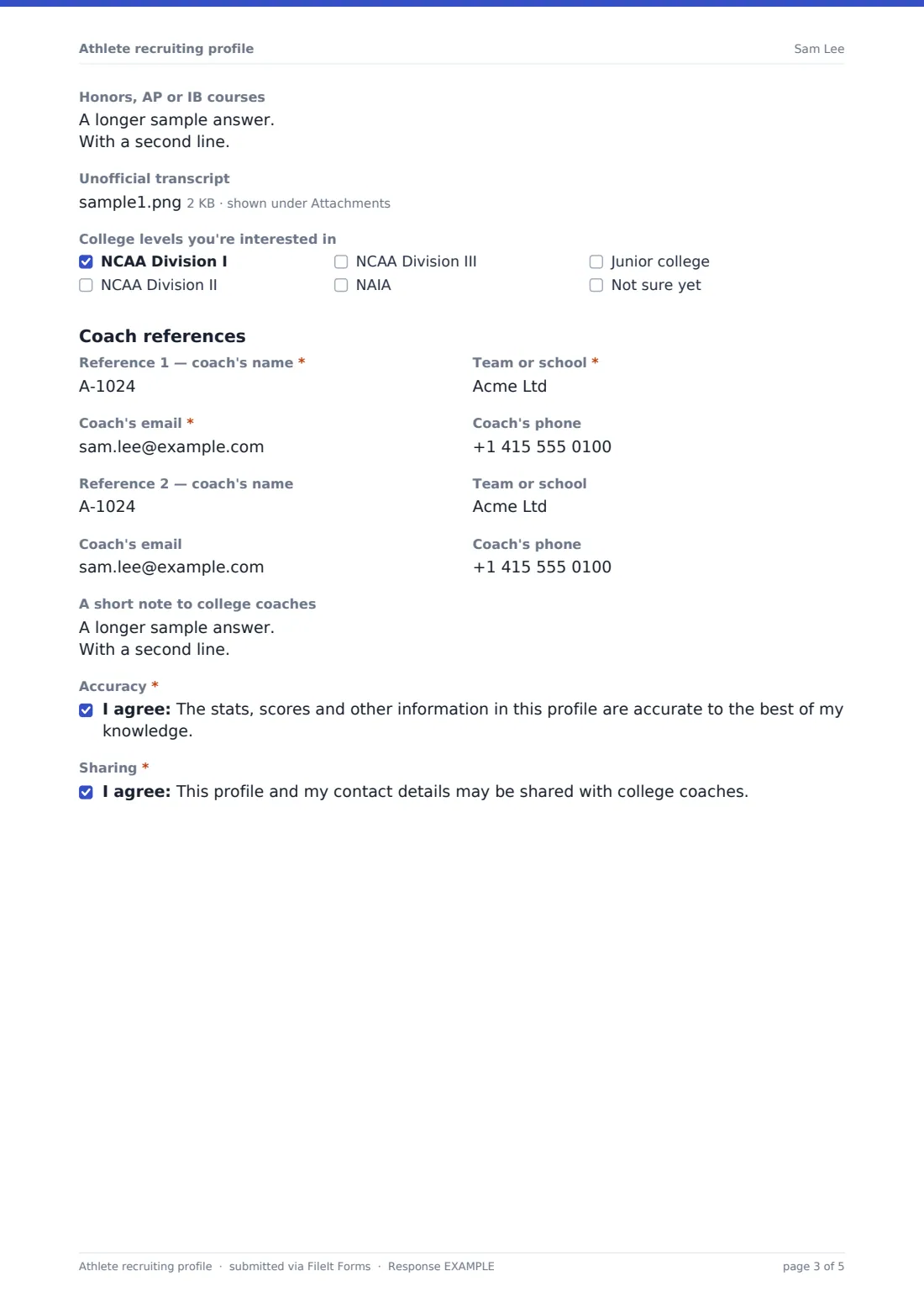 Athlete recruiting profile — example response PDF, page 3 of 5