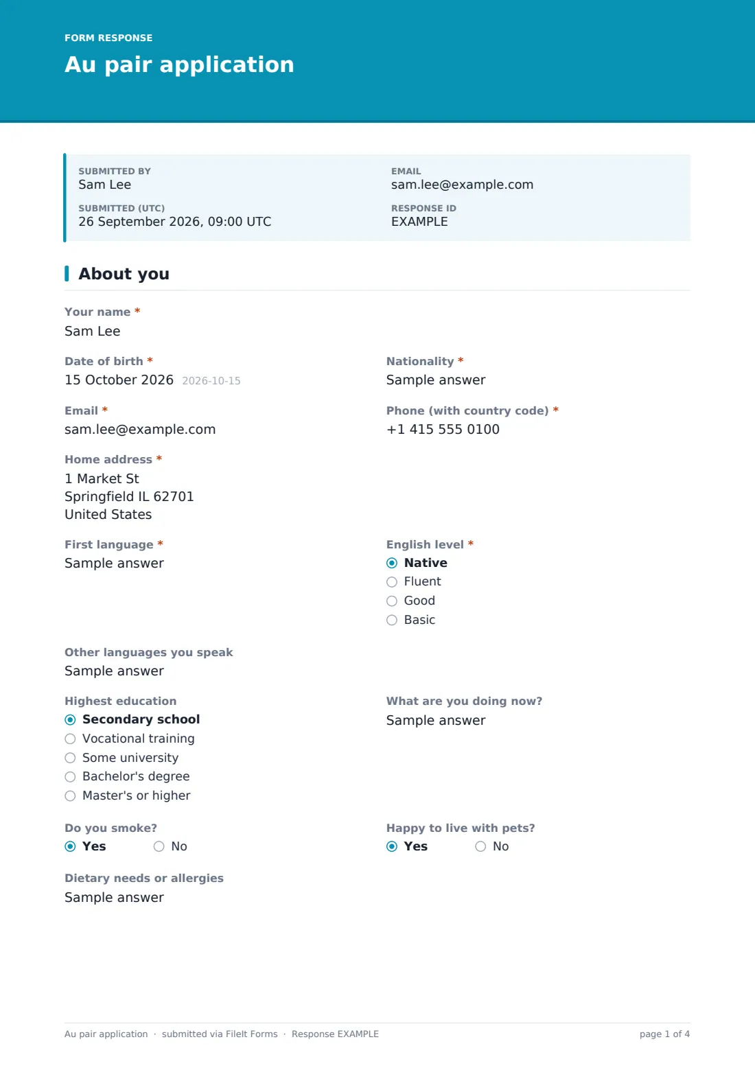 Au pair application — example response PDF, page 1 of 4