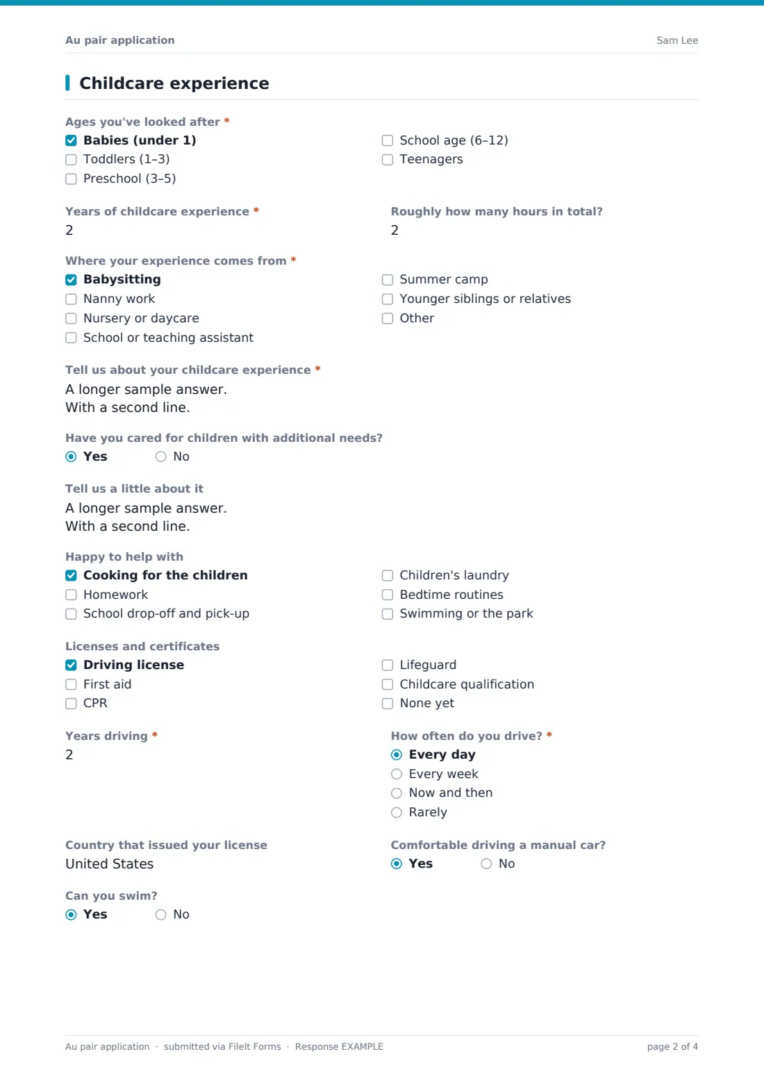 Au pair application — example response PDF, page 2 of 4