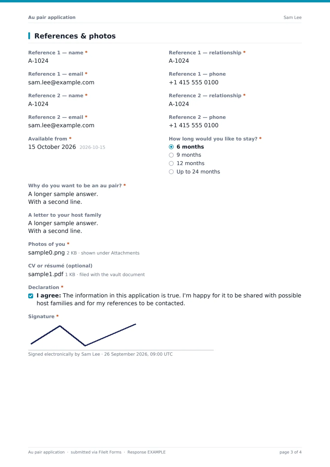 Au pair application — example response PDF, page 3 of 4