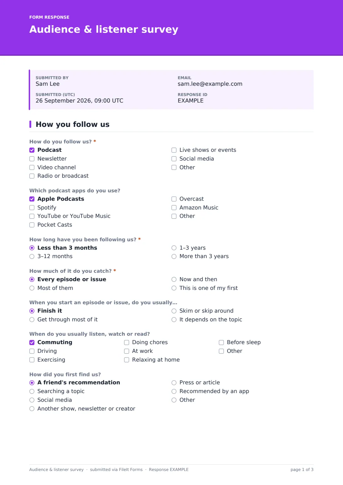 Audience & listener survey — example response PDF, page 1 of 3