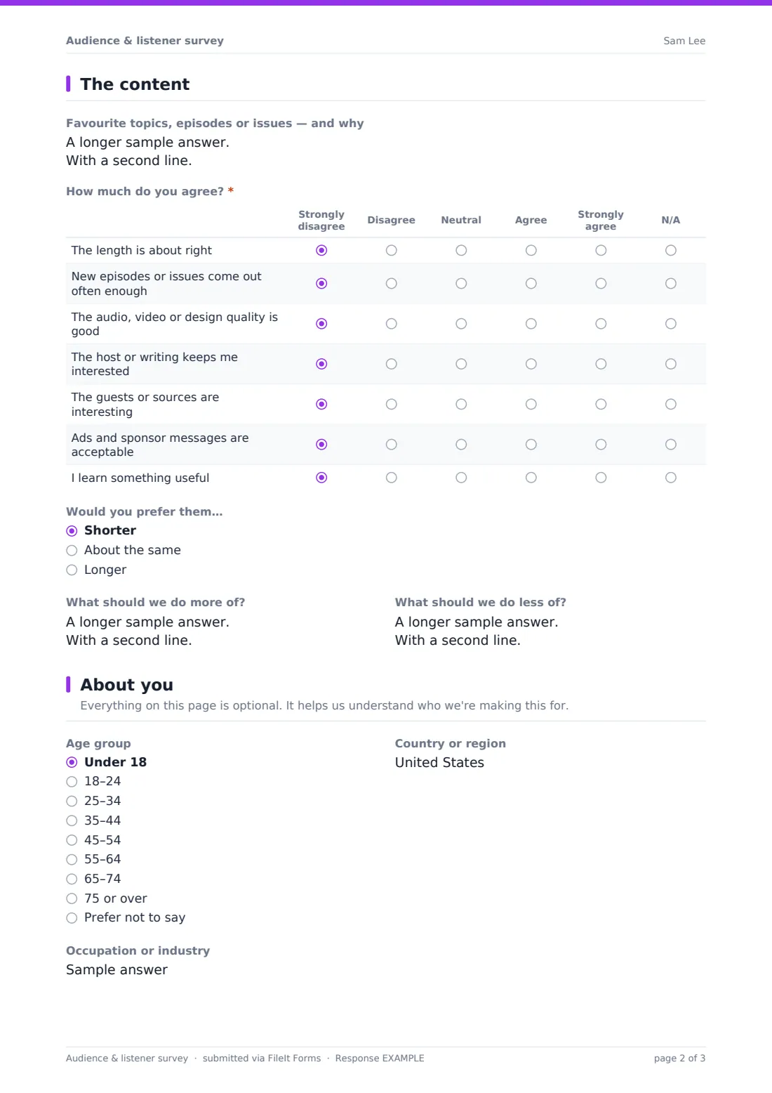 Audience & listener survey — example response PDF, page 2 of 3