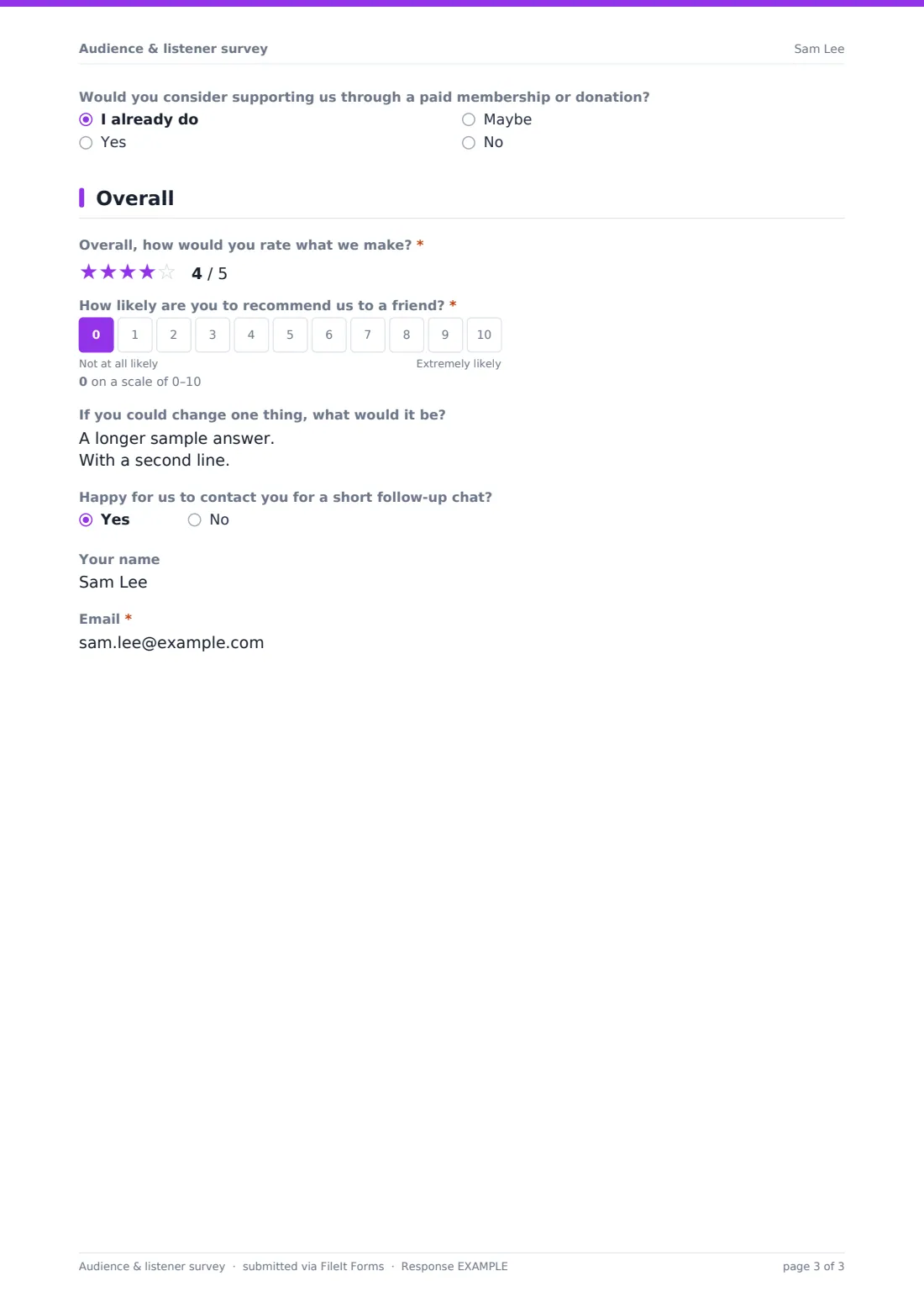 Audience & listener survey — example response PDF, page 3 of 3