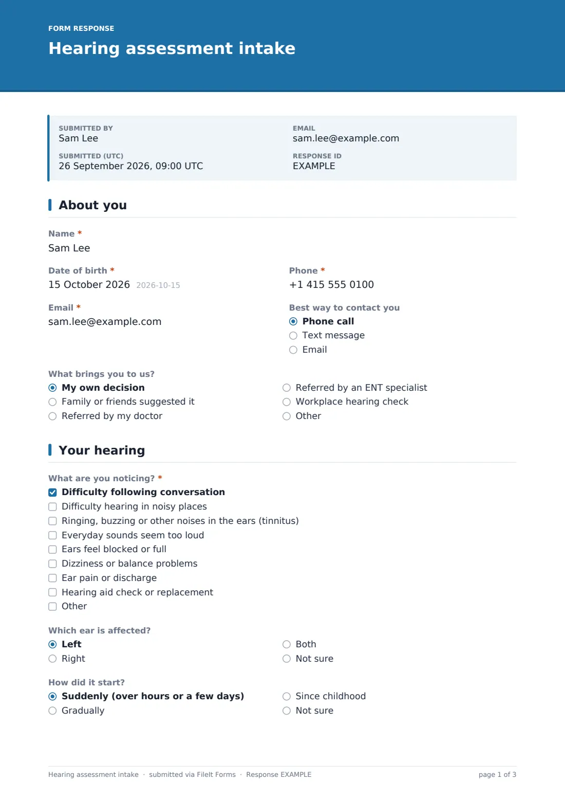 Hearing assessment intake — example response PDF, page 1 of 3