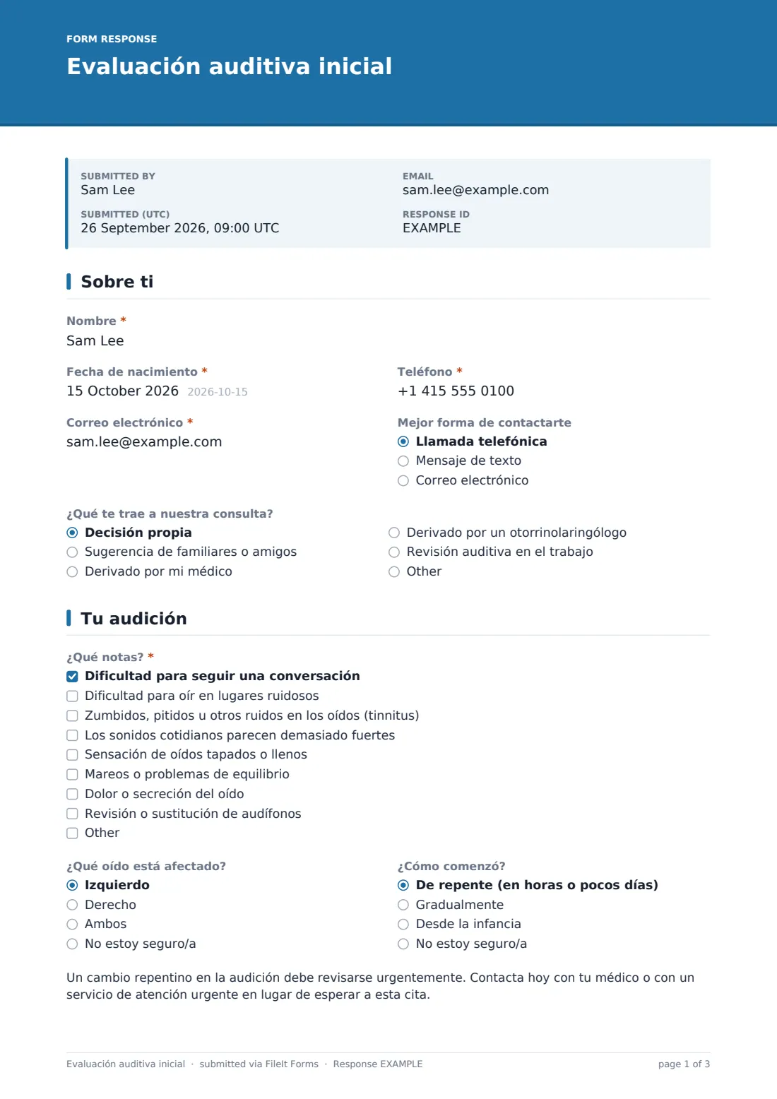 Evaluación auditiva inicial — PDF de respuesta de ejemplo, página 1 de 3