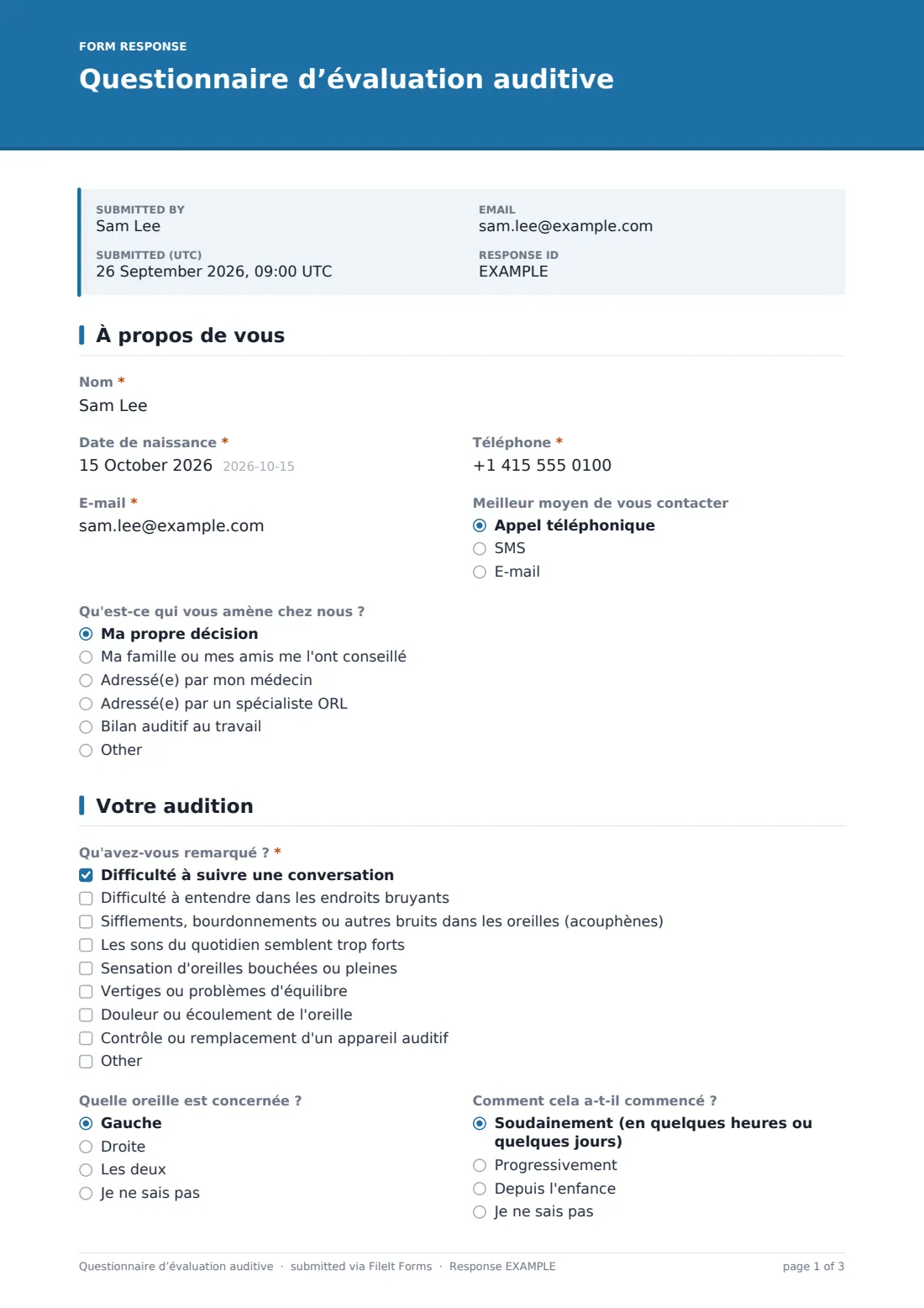 Questionnaire d’évaluation auditive — exemple de réponse au format PDF, page 1 sur 3