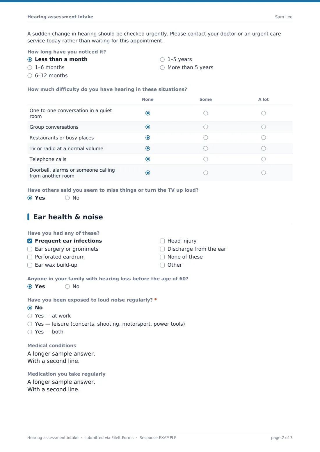 Hearing assessment intake — example response PDF, page 2 of 3