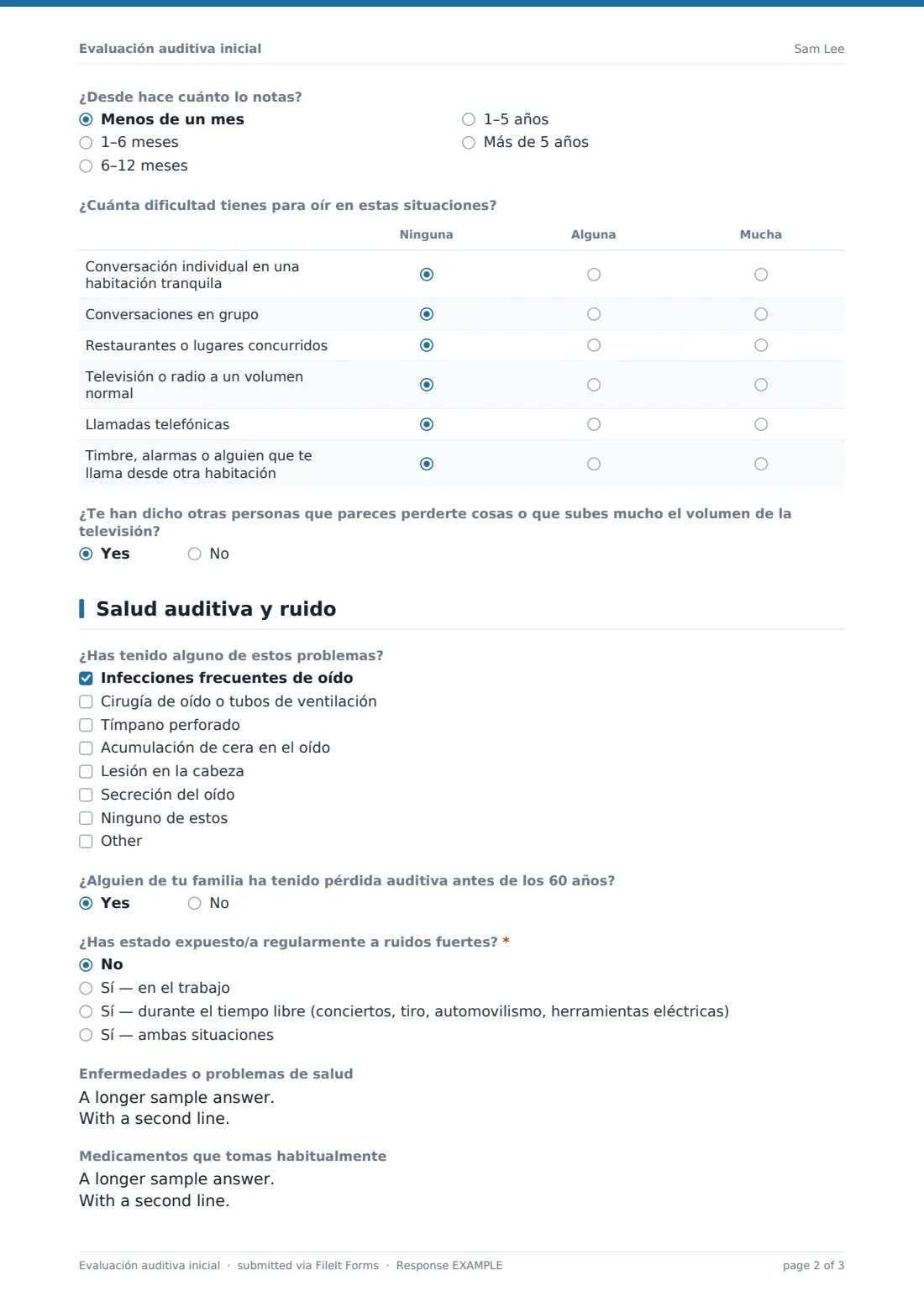 Evaluación auditiva inicial — PDF de respuesta de ejemplo, página 2 de 3