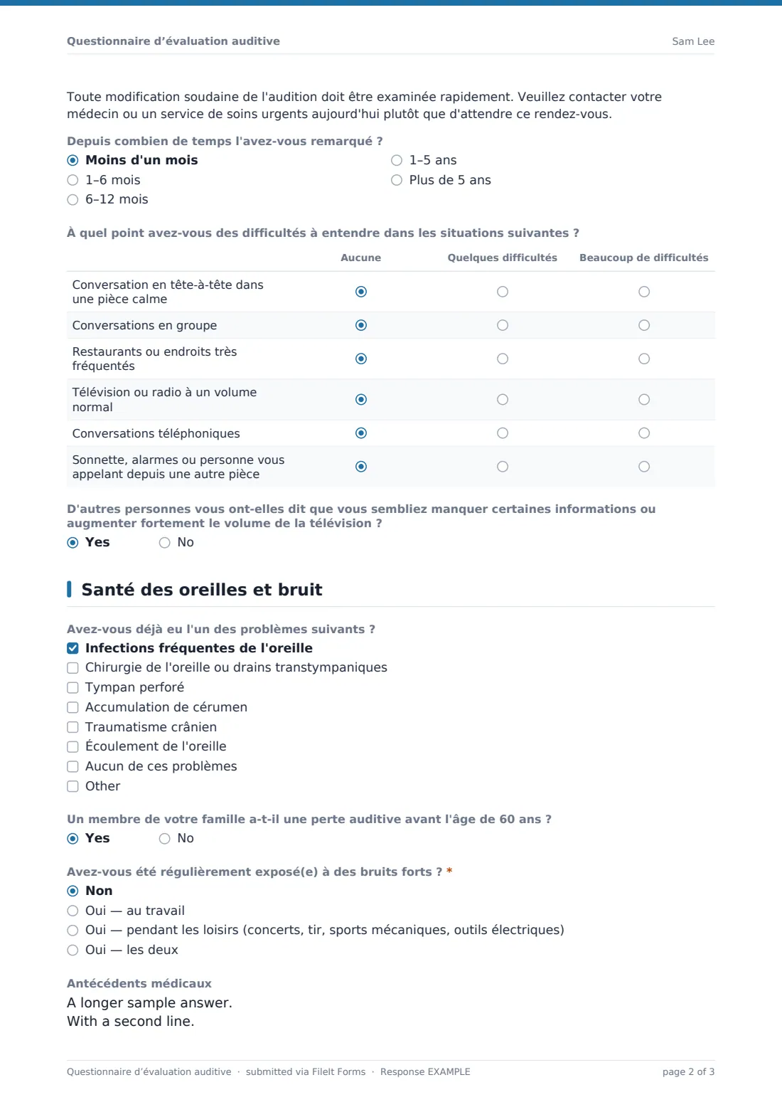 Questionnaire d’évaluation auditive — exemple de réponse au format PDF, page 2 sur 3