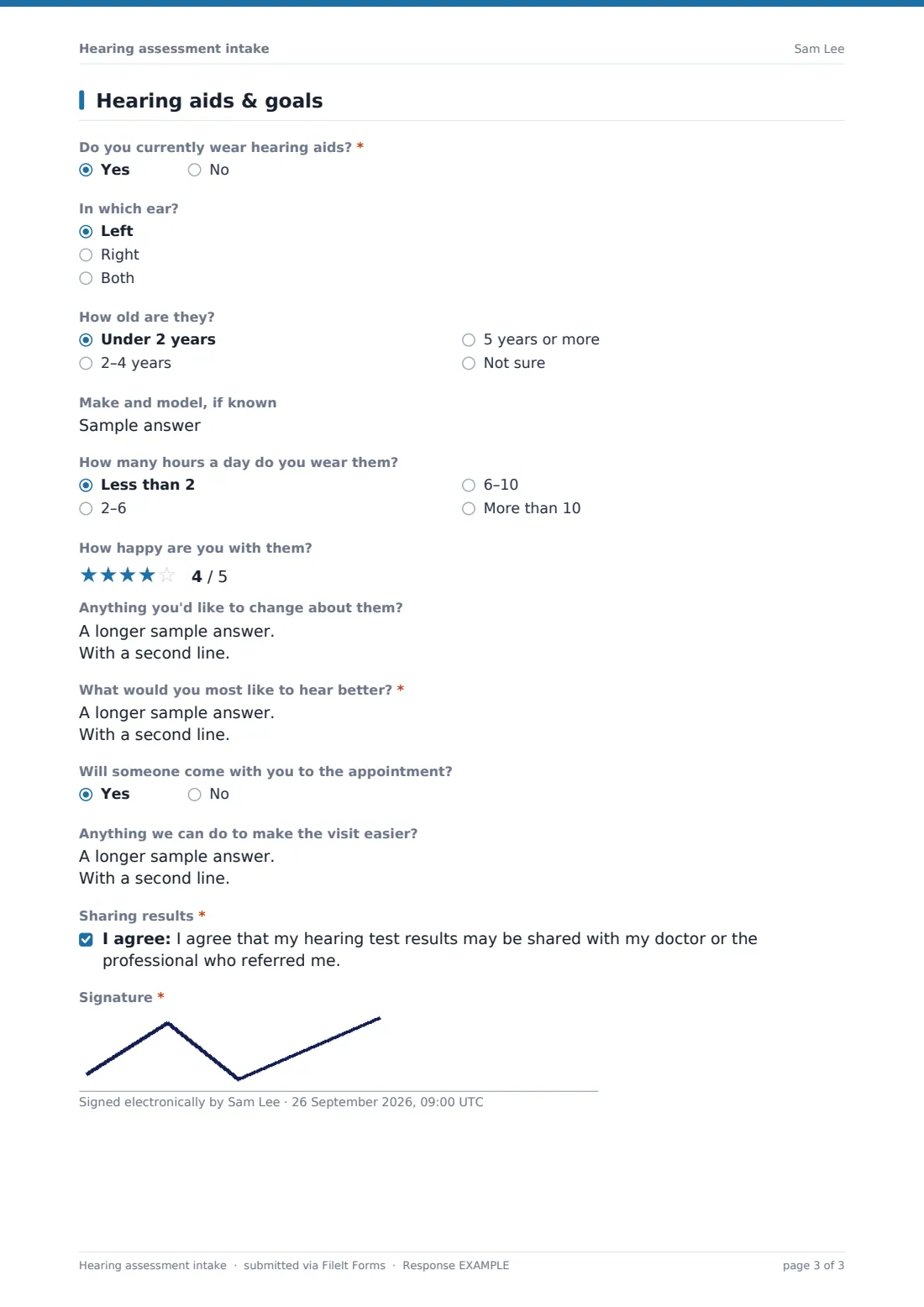 Hearing assessment intake — example response PDF, page 3 of 3