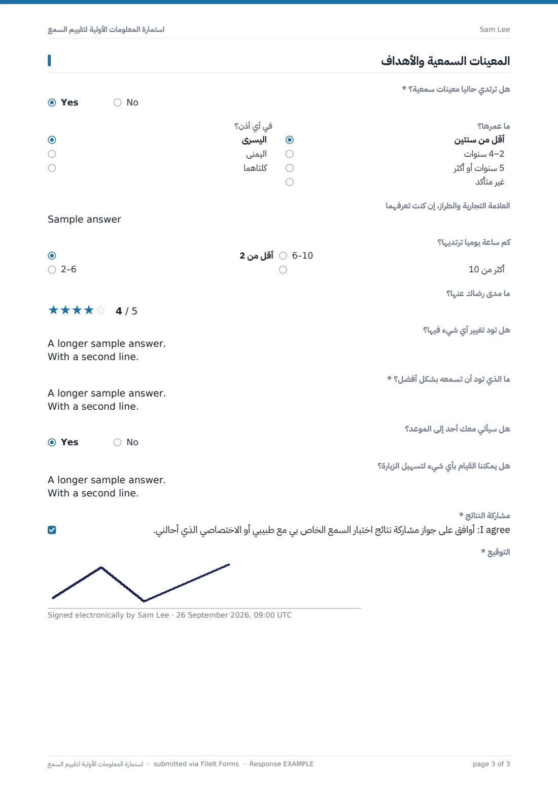 استمارة المعلومات الأولية لتقييم السمع — ملف PDF لرد نموذجي، الصفحة 3 من 3