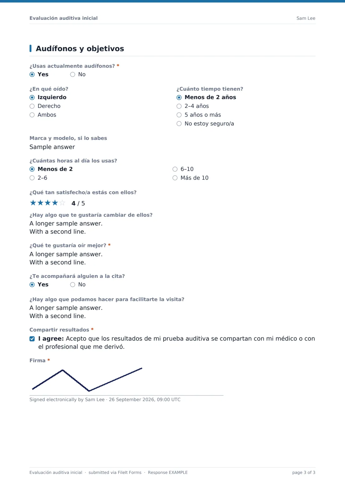 Evaluación auditiva inicial — PDF de respuesta de ejemplo, página 3 de 3