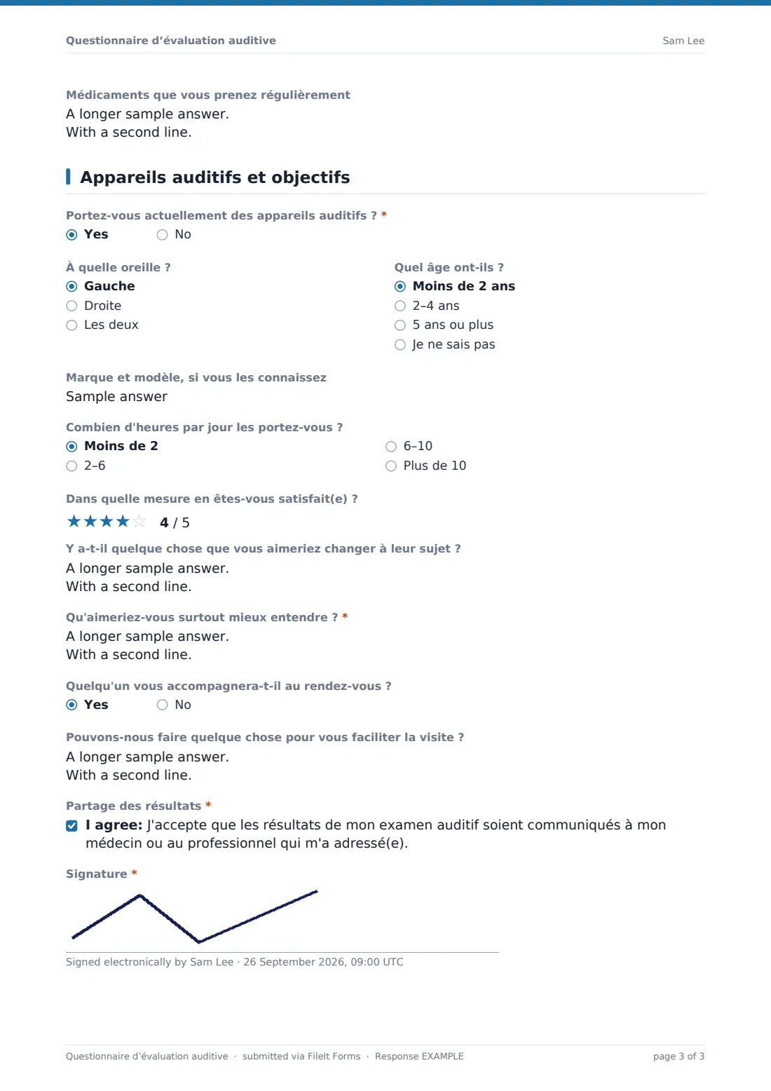 Questionnaire d’évaluation auditive — exemple de réponse au format PDF, page 3 sur 3