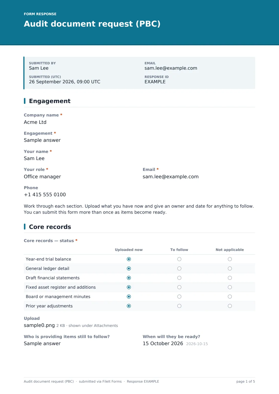 Audit document request (PBC) — example response PDF, page 1 of 5