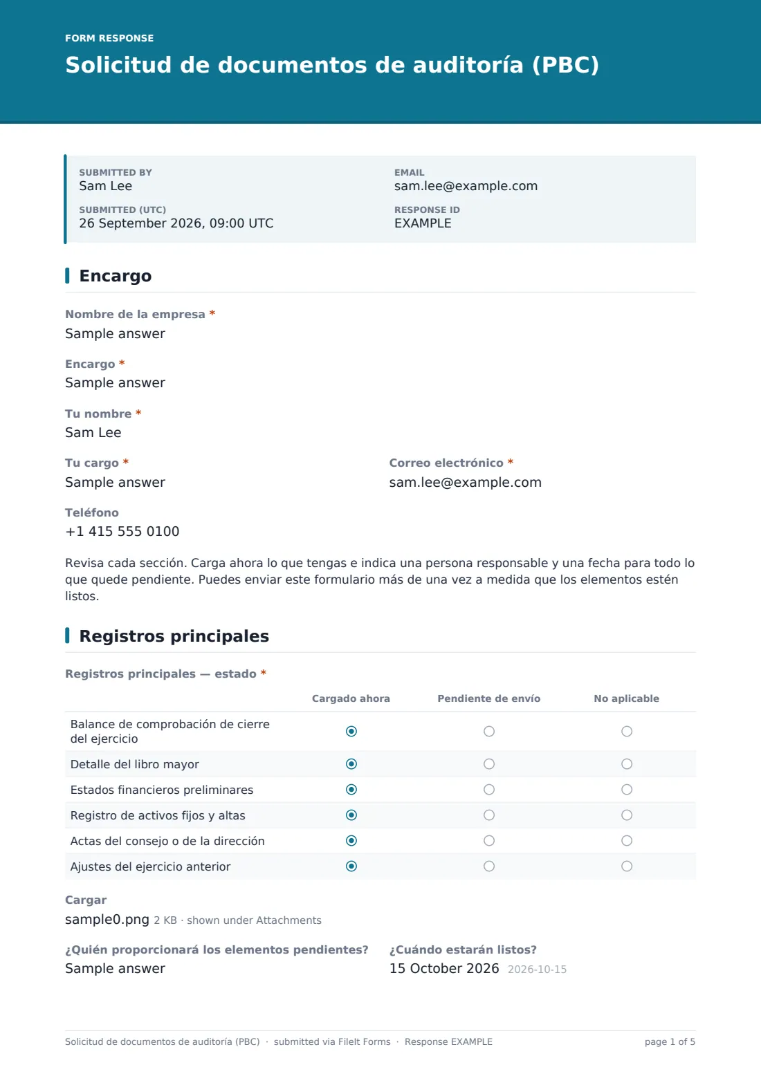 Solicitud de documentos de auditoría (PBC) — PDF de respuesta de ejemplo, página 1 de 5