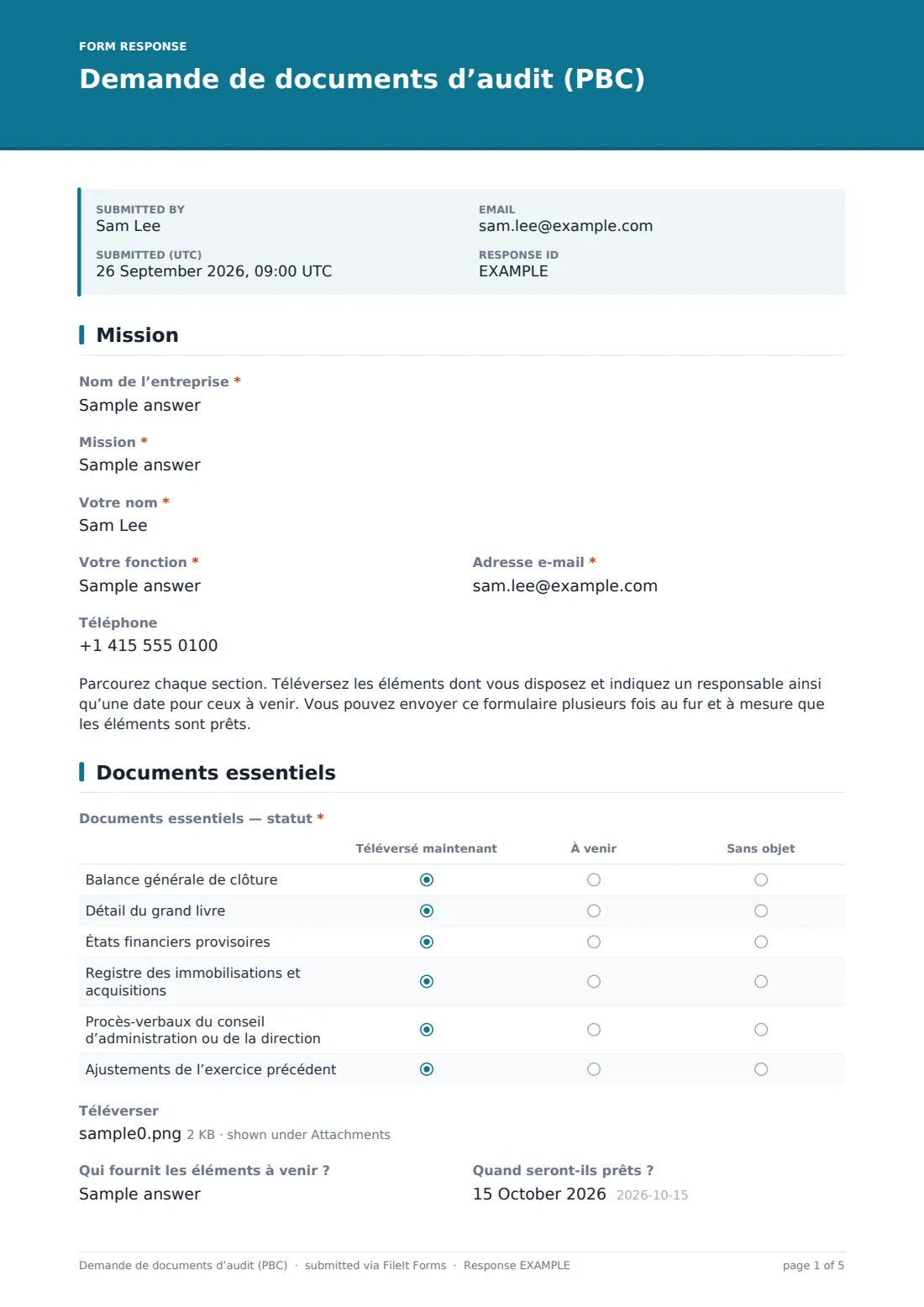 Demande de documents d’audit (PBC) — exemple de réponse au format PDF, page 1 sur 5