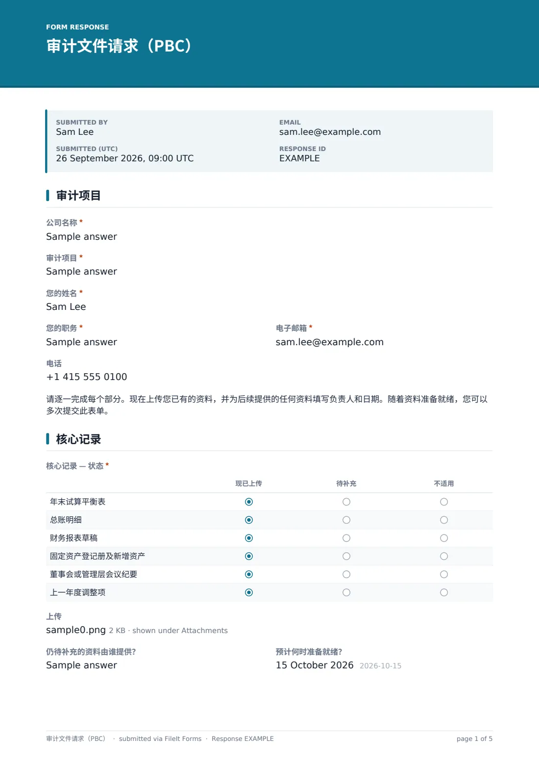 审计文件请求（PBC） — 示例回复 PDF，第 1 页，共 5 页