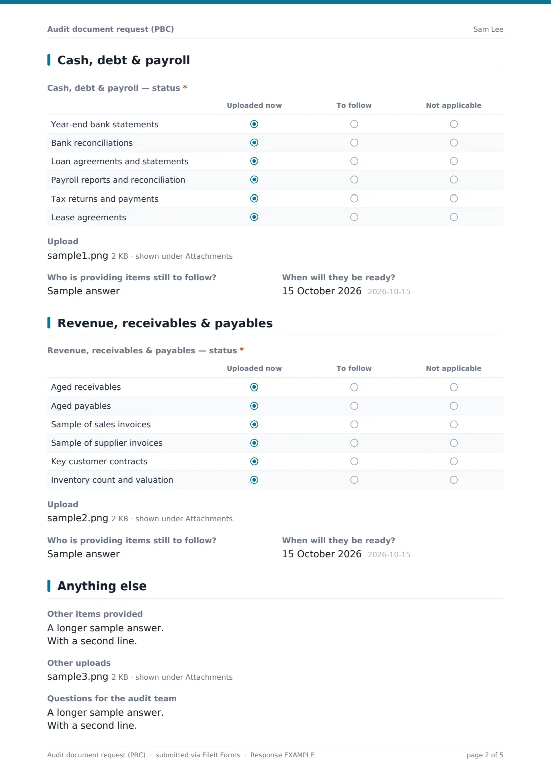 Audit document request (PBC) — example response PDF, page 2 of 5