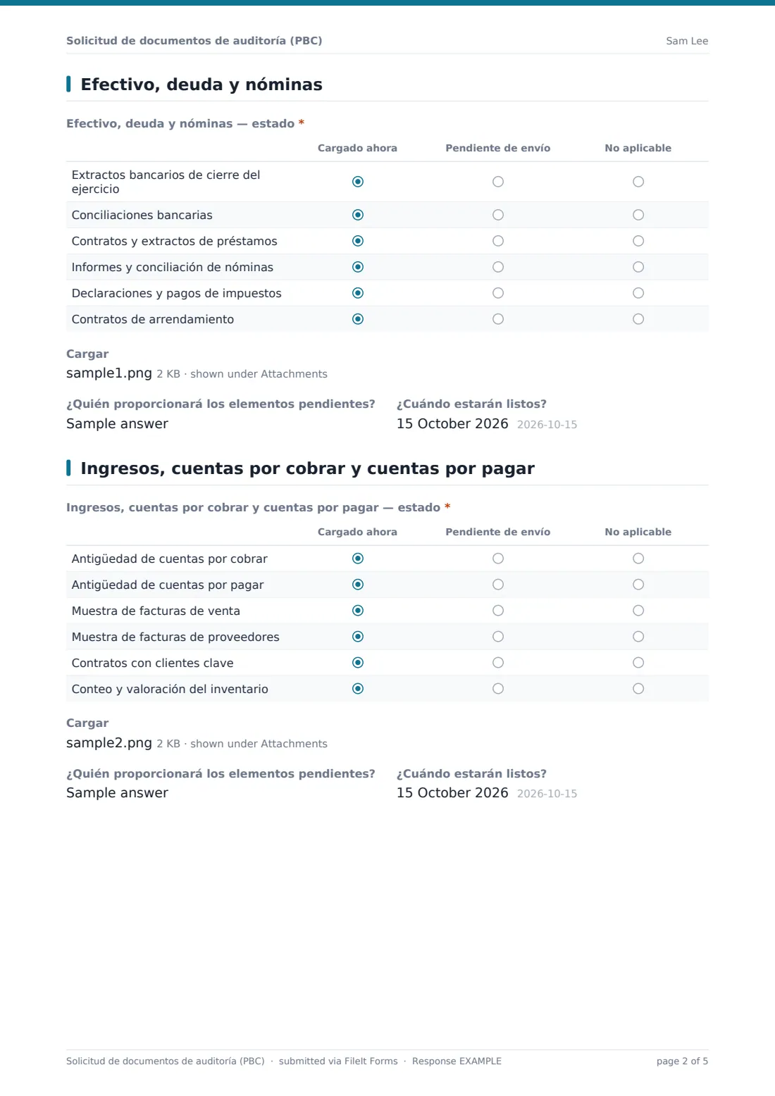 Solicitud de documentos de auditoría (PBC) — PDF de respuesta de ejemplo, página 2 de 5