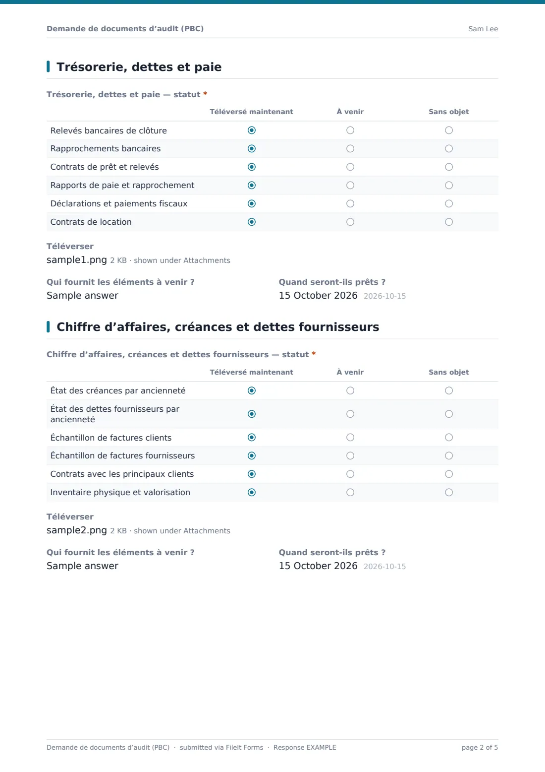 Demande de documents d’audit (PBC) — exemple de réponse au format PDF, page 2 sur 5