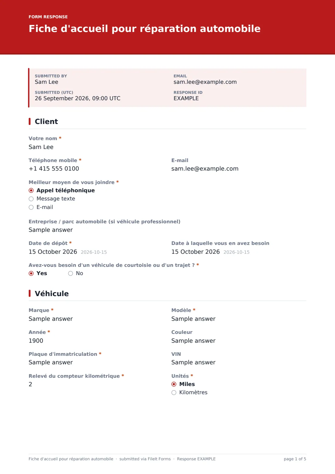 Fiche d'accueil pour réparation automobile — exemple de réponse au format PDF, page 1 sur 5