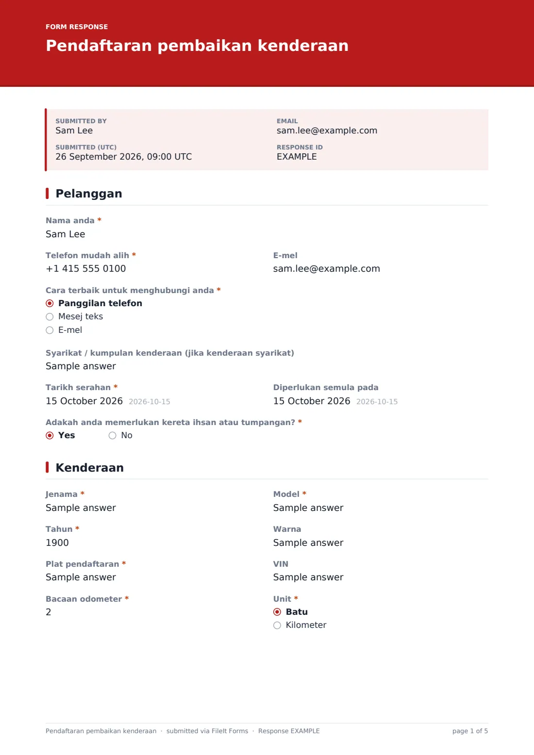 Pendaftaran pembaikan kenderaan — PDF respons contoh, halaman 1 daripada 5