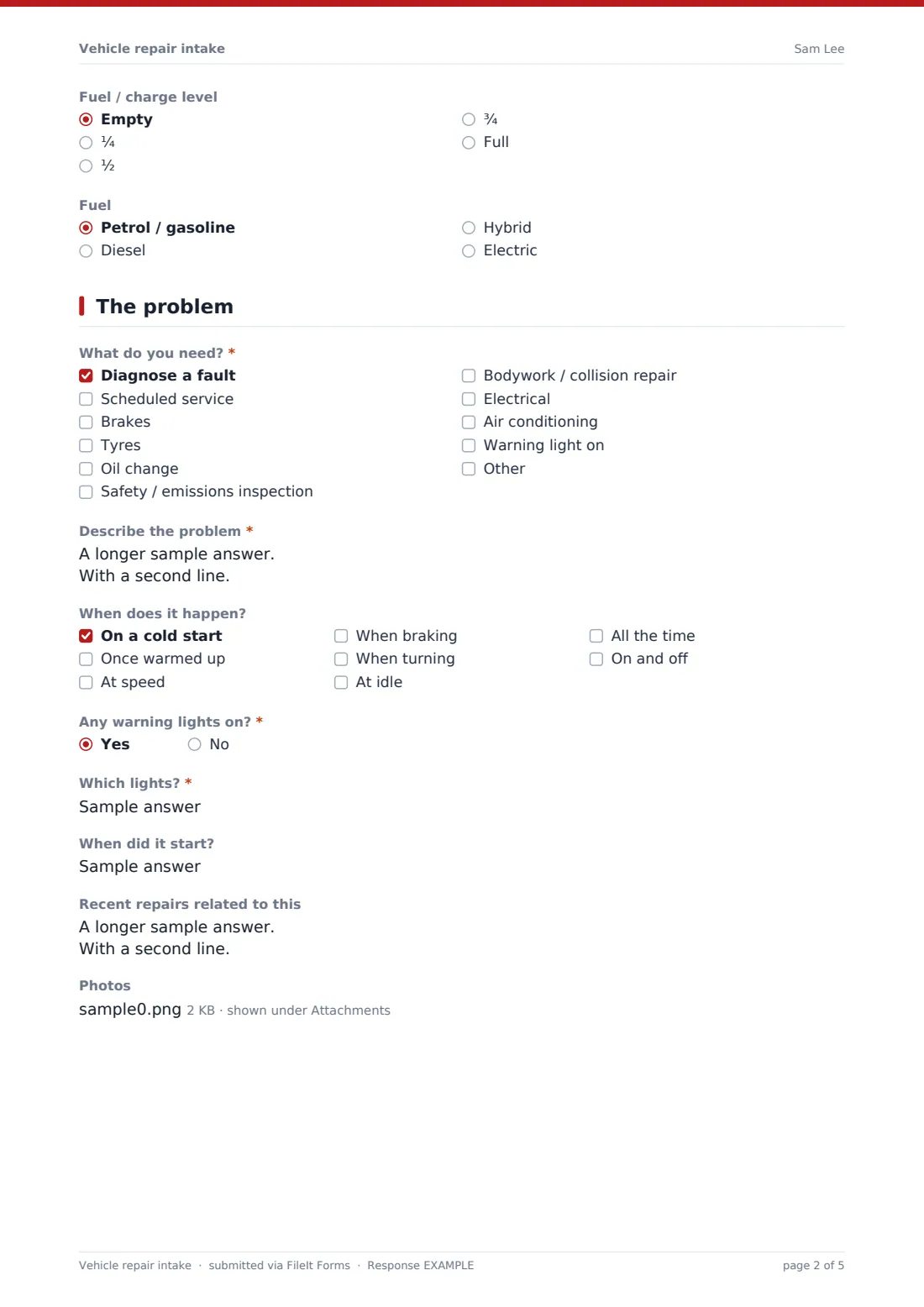 Vehicle repair intake — example response PDF, page 2 of 5