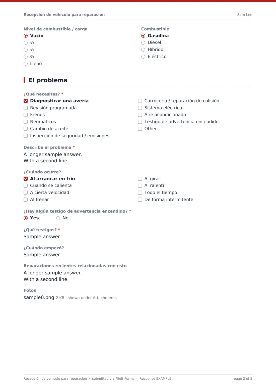 Recepción de vehículo para reparación — PDF de respuesta de ejemplo, página 2 de 5
