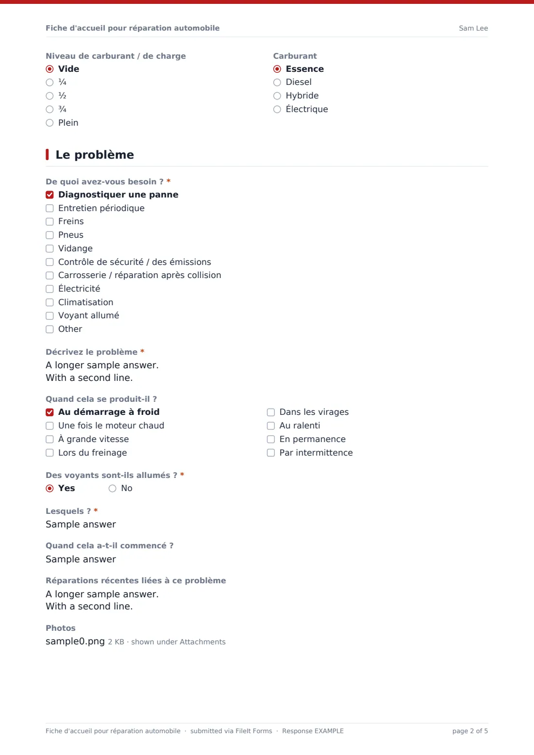 Fiche d'accueil pour réparation automobile — exemple de réponse au format PDF, page 2 sur 5