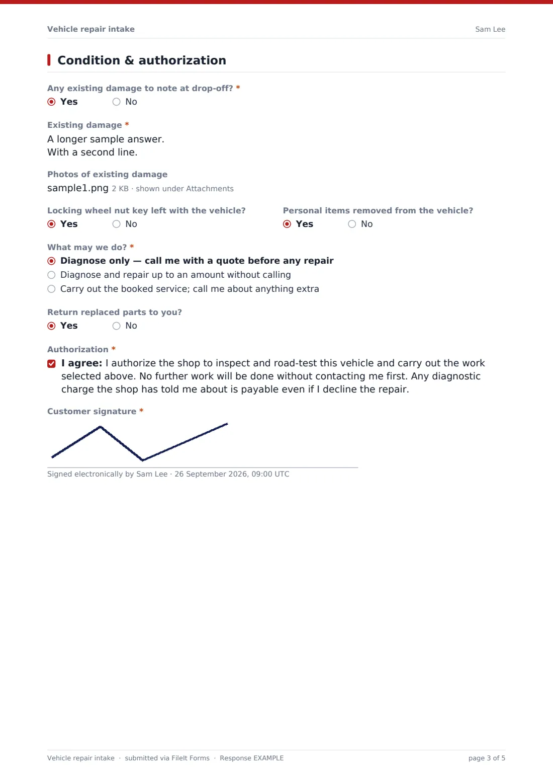 Vehicle repair intake — example response PDF, page 3 of 5