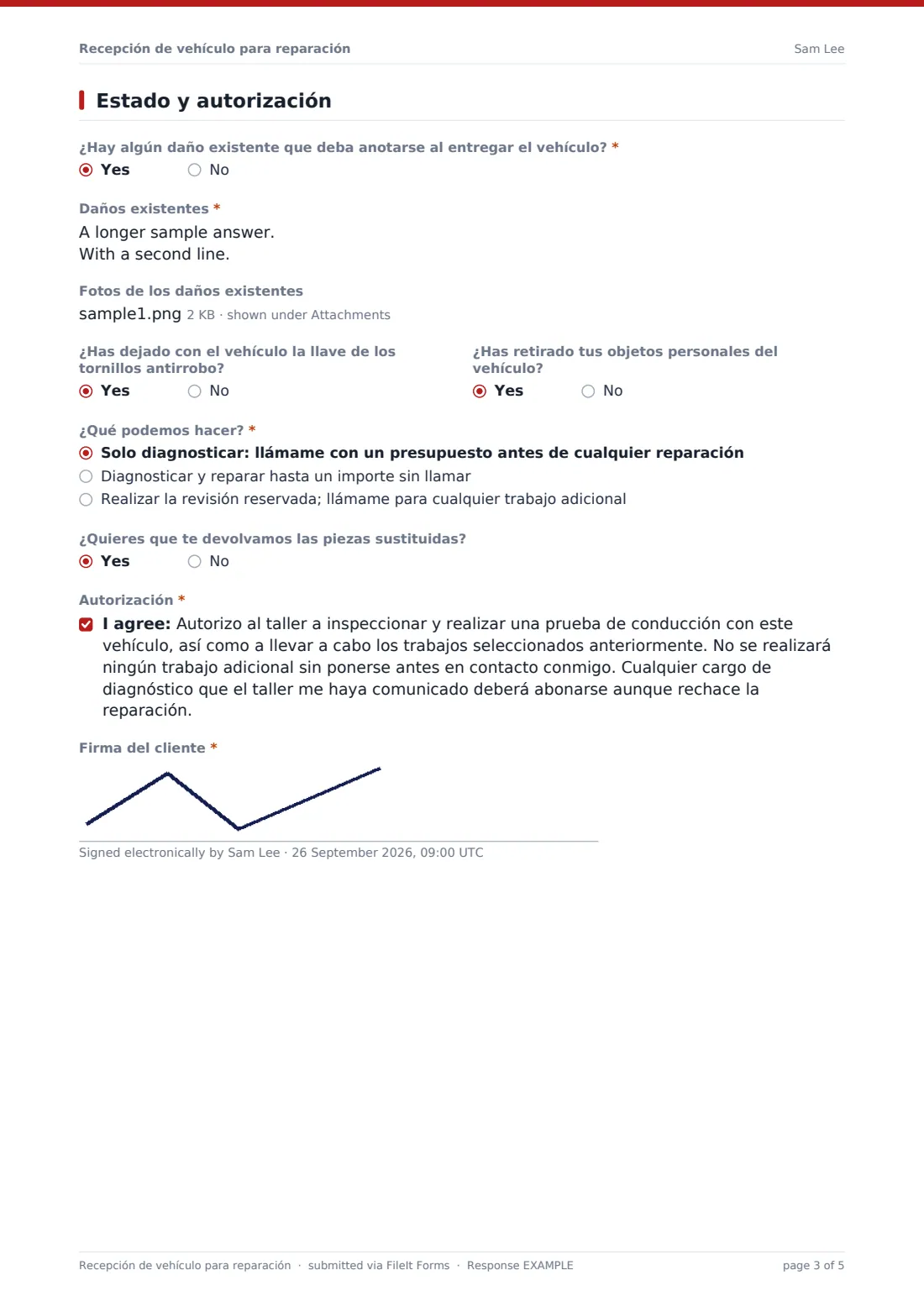 Recepción de vehículo para reparación — PDF de respuesta de ejemplo, página 3 de 5