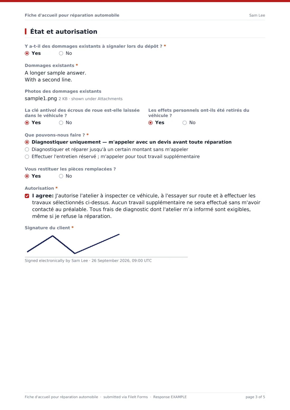 Fiche d'accueil pour réparation automobile — exemple de réponse au format PDF, page 3 sur 5