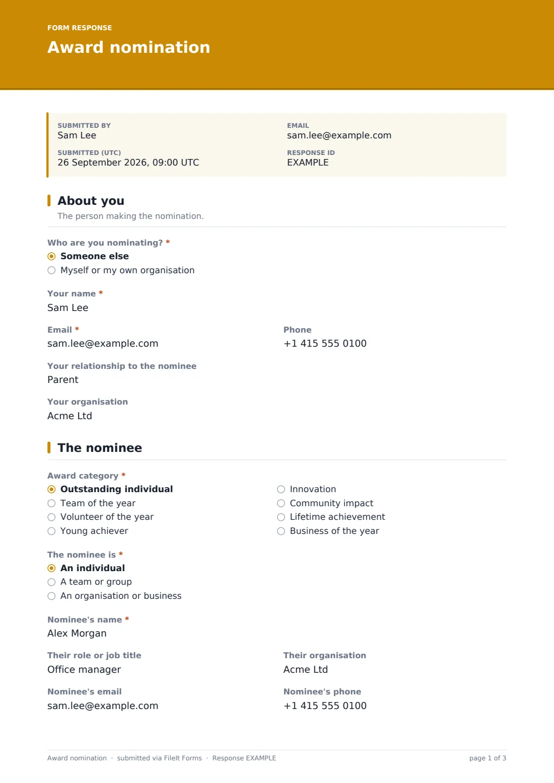 Award nomination — example response PDF, page 1 of 3