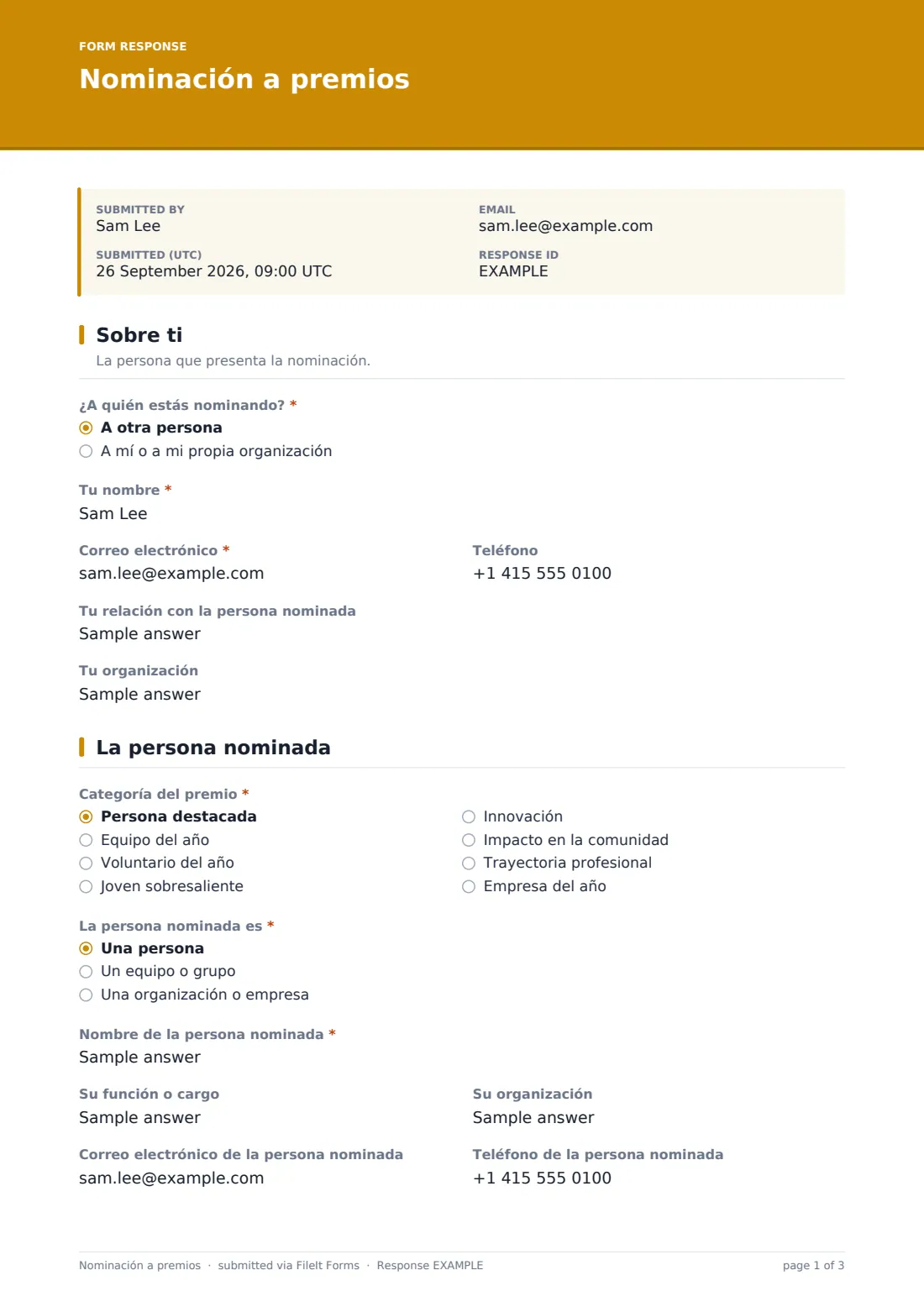 Nominación a premios — PDF de respuesta de ejemplo, página 1 de 3