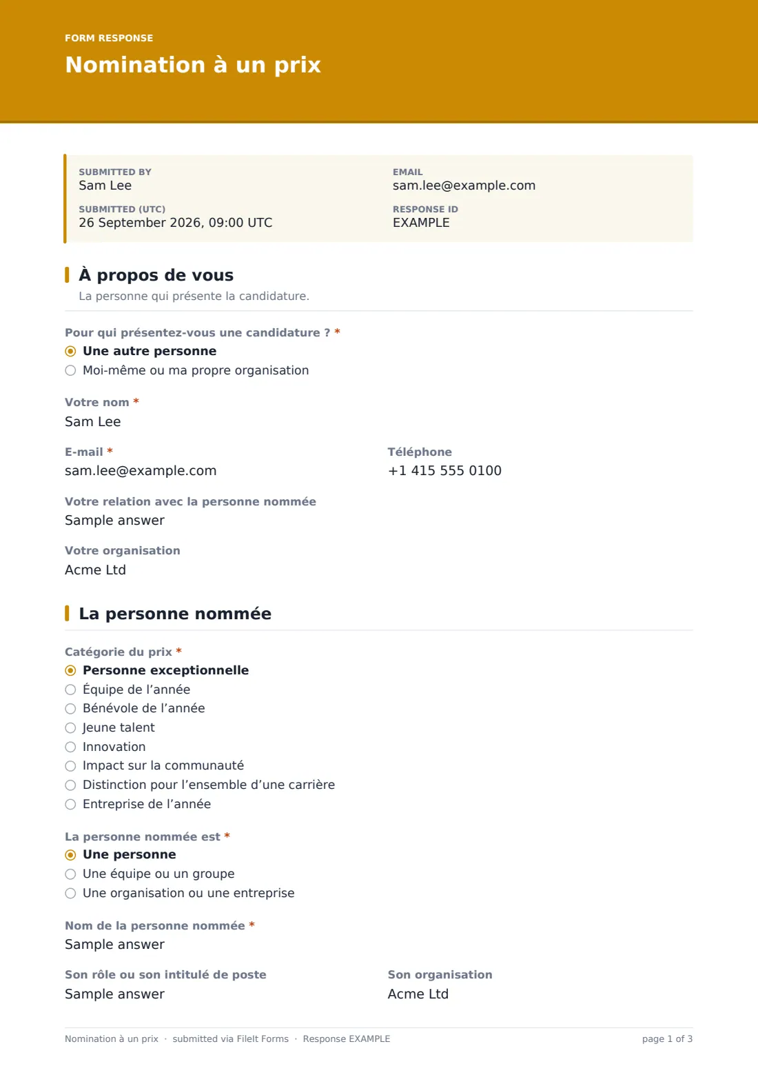 Nomination à un prix — exemple de réponse au format PDF, page 1 sur 3