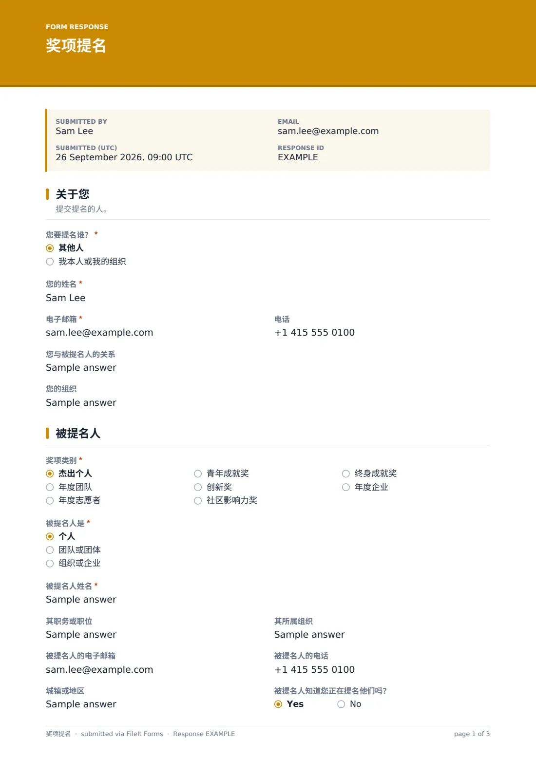 奖项提名 — 示例回复 PDF，第 1 页，共 3 页