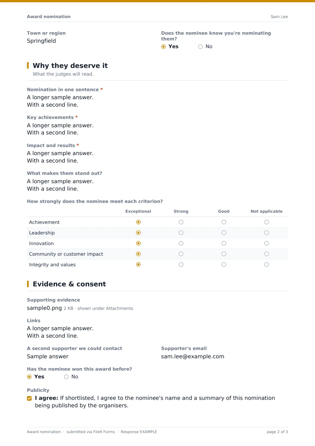 Award nomination — example response PDF, page 2 of 3