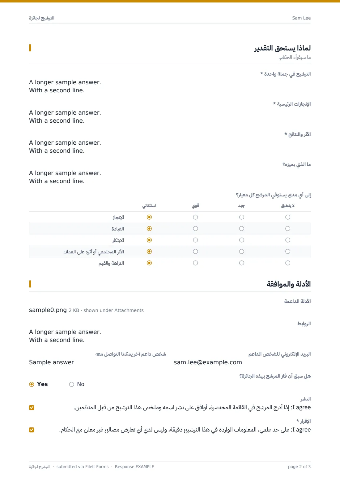 الترشيح لجائزة — ملف PDF لرد نموذجي، الصفحة 2 من 3