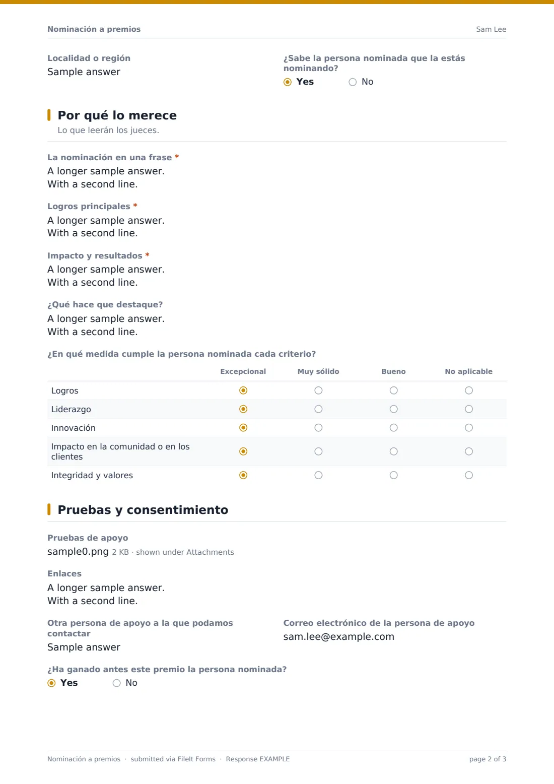 Nominación a premios — PDF de respuesta de ejemplo, página 2 de 3