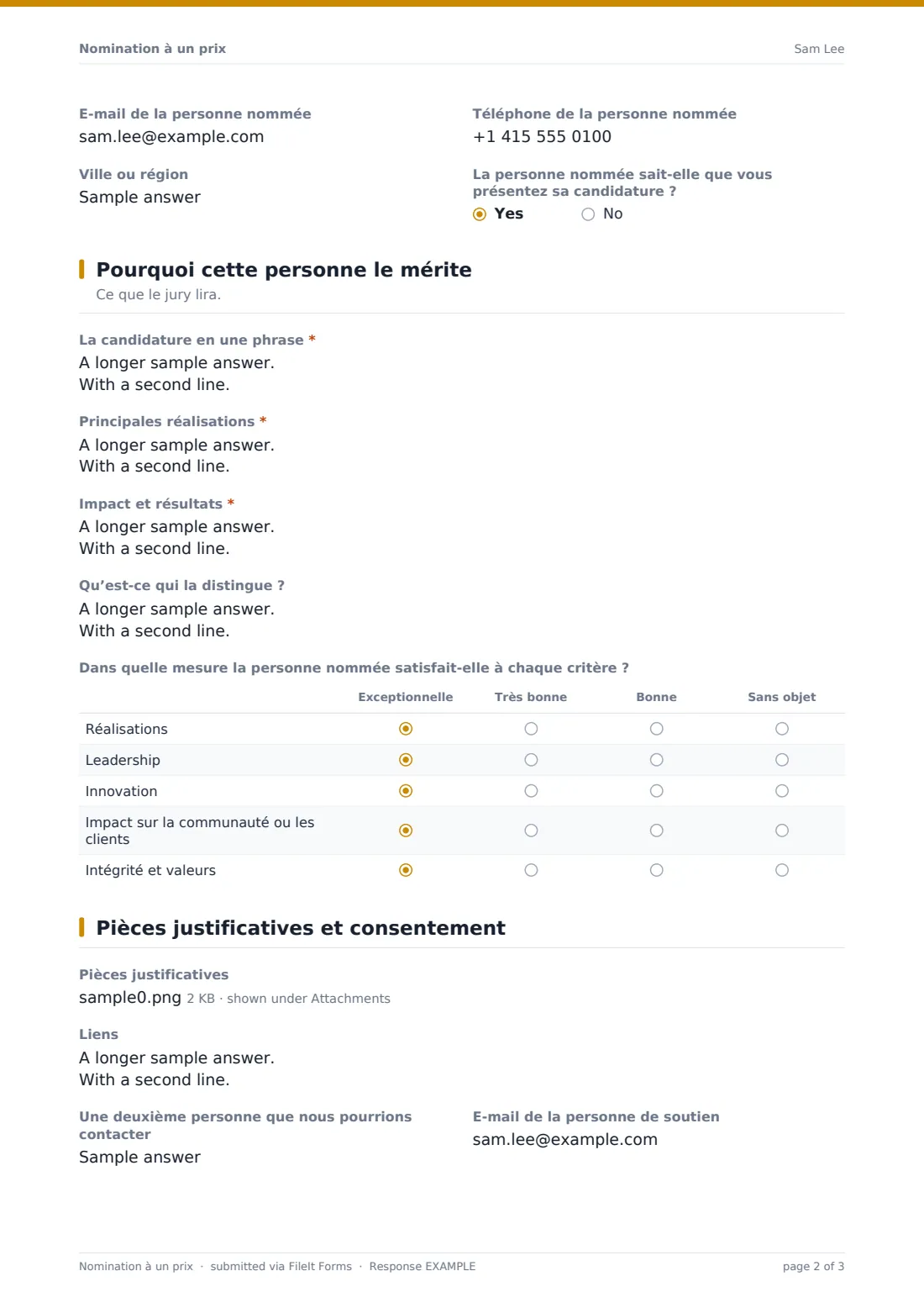 Nomination à un prix — exemple de réponse au format PDF, page 2 sur 3