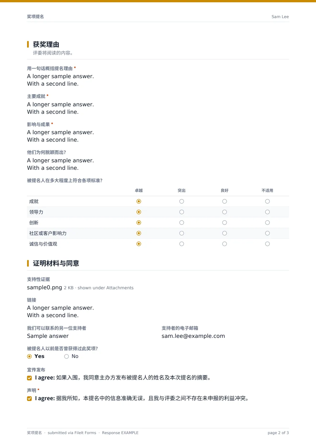 奖项提名 — 示例回复 PDF，第 2 页，共 3 页