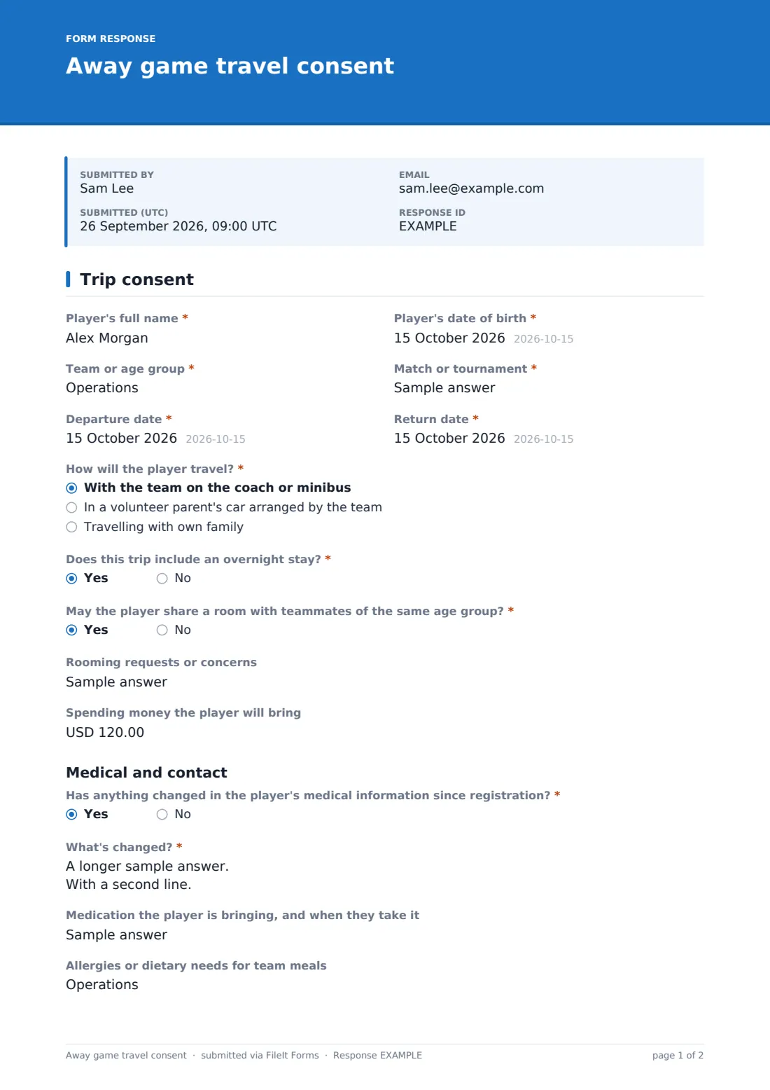 Away game travel consent — example response PDF, page 1 of 2