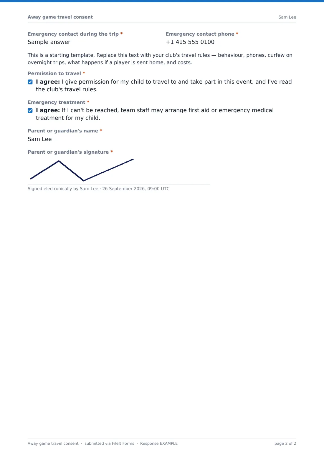 Away game travel consent — example response PDF, page 2 of 2