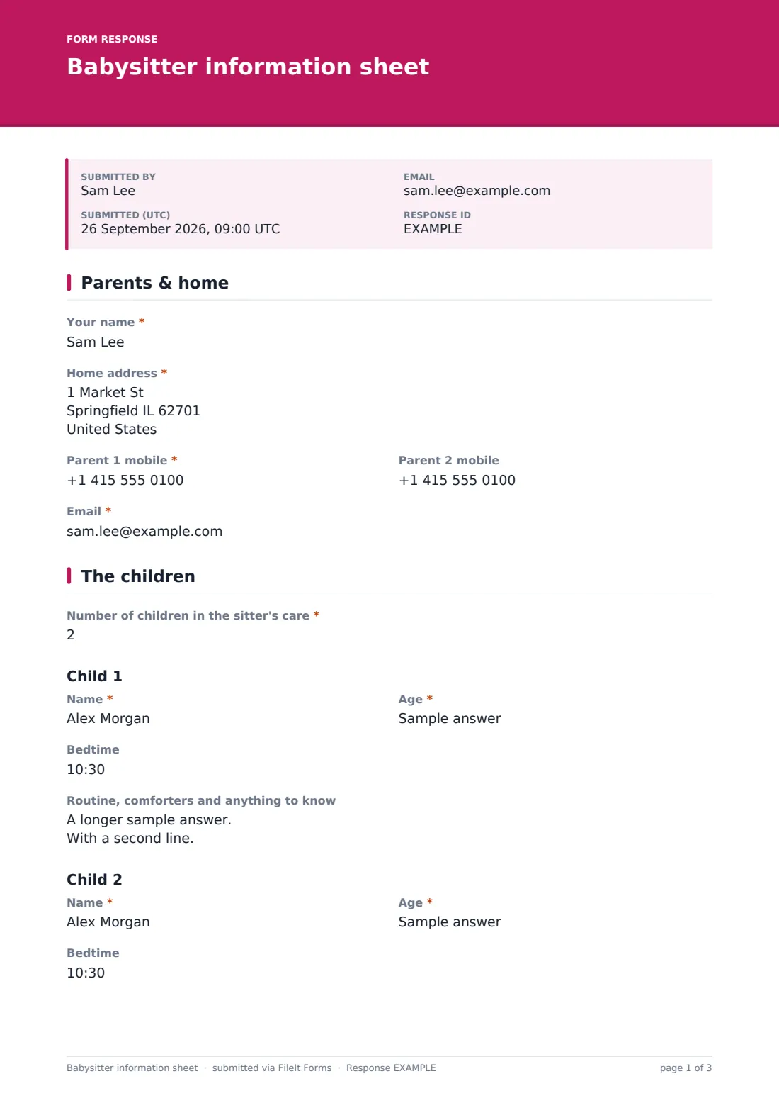 Babysitter information sheet — example response PDF, page 1 of 3