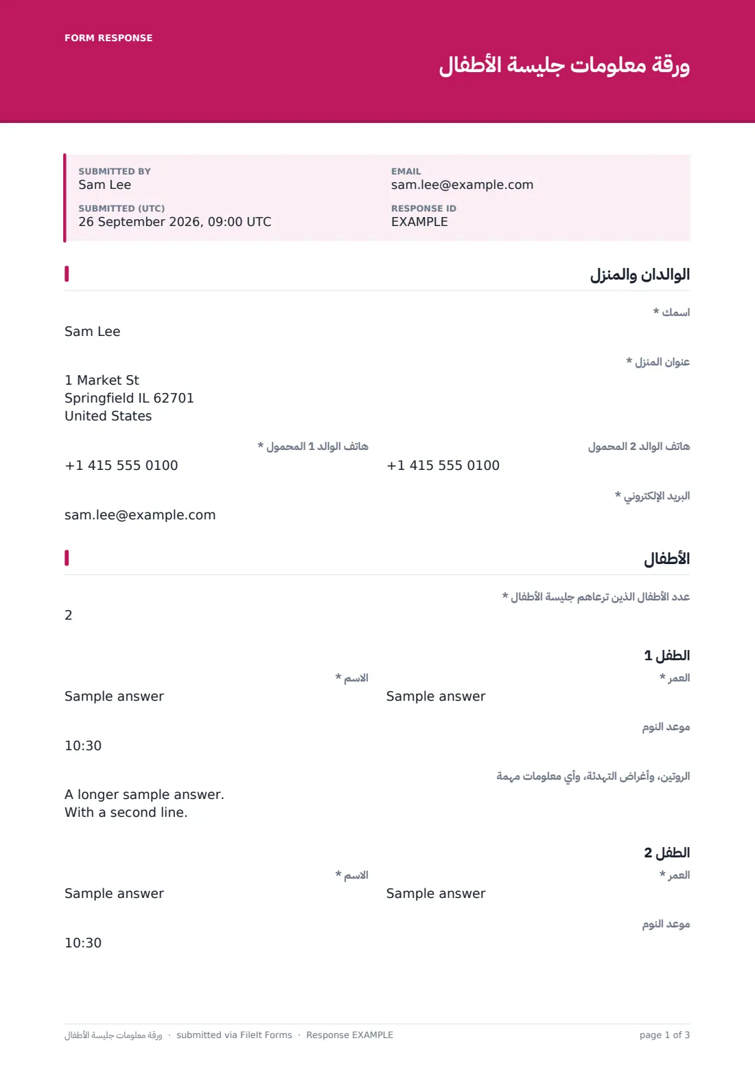 ورقة معلومات جليسة الأطفال — ملف PDF لرد نموذجي، الصفحة 1 من 3