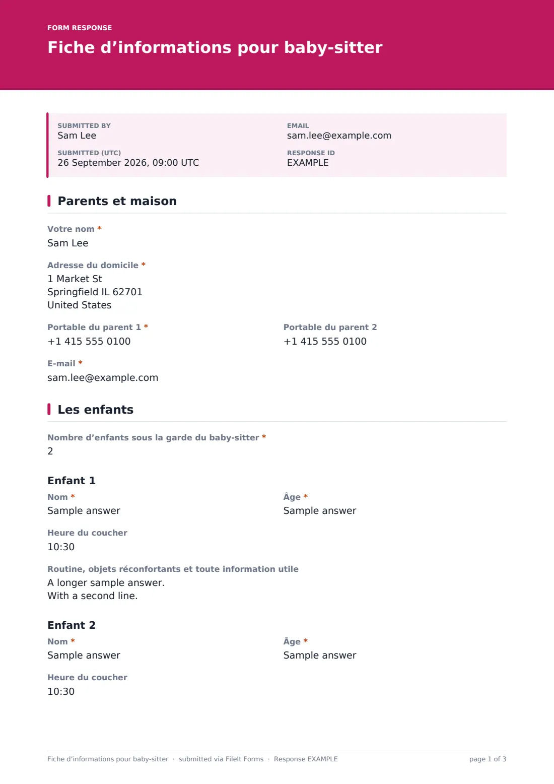 Fiche d’informations pour baby-sitter — exemple de réponse au format PDF, page 1 sur 3