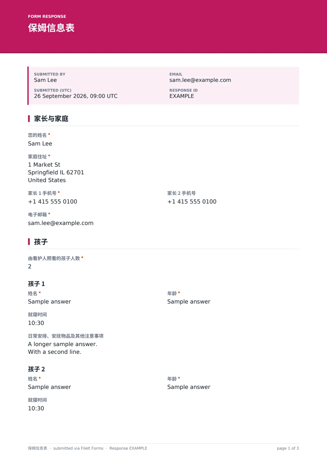 保姆信息表 — 示例回复 PDF，第 1 页，共 3 页
