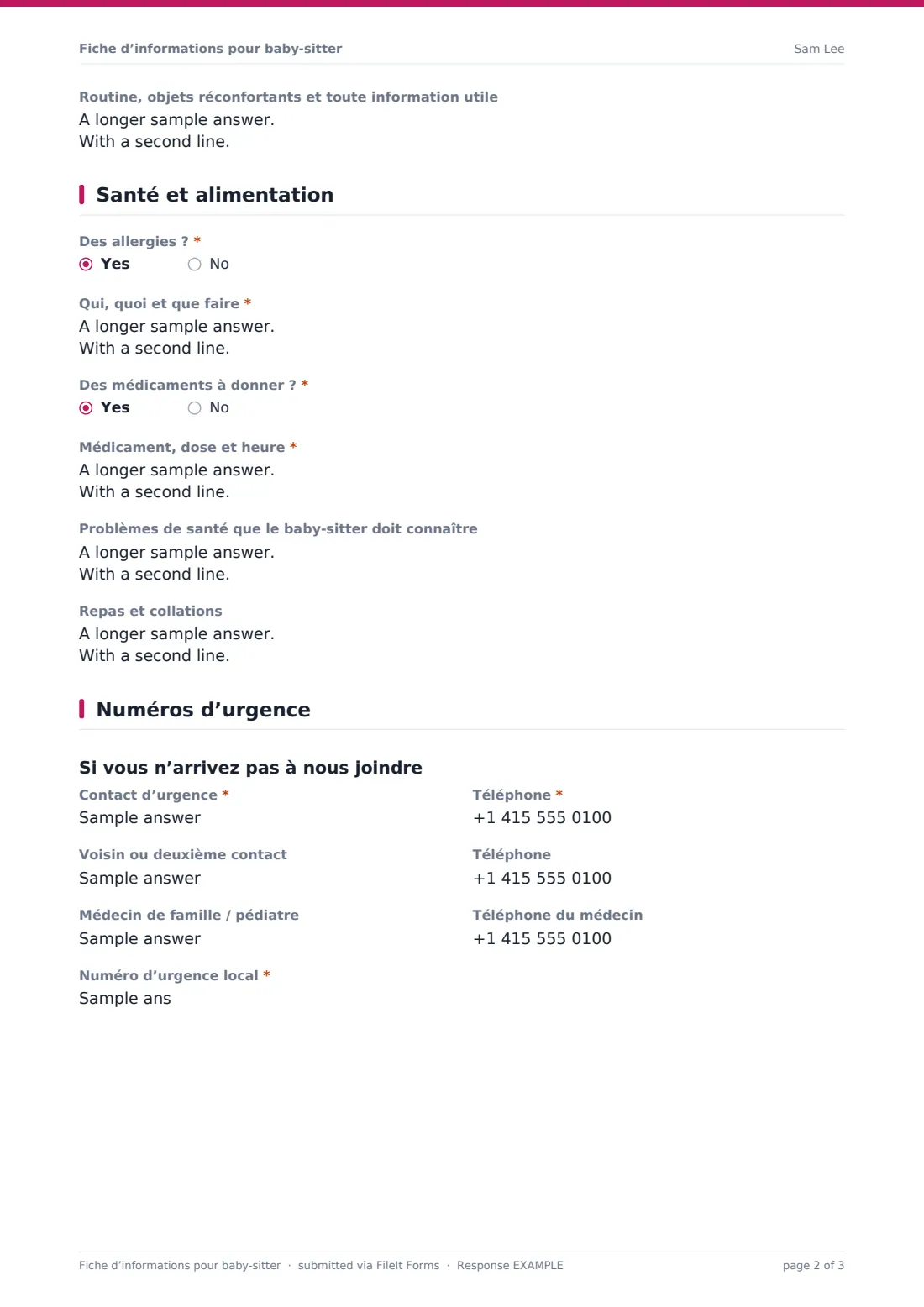 Fiche d’informations pour baby-sitter — exemple de réponse au format PDF, page 2 sur 3